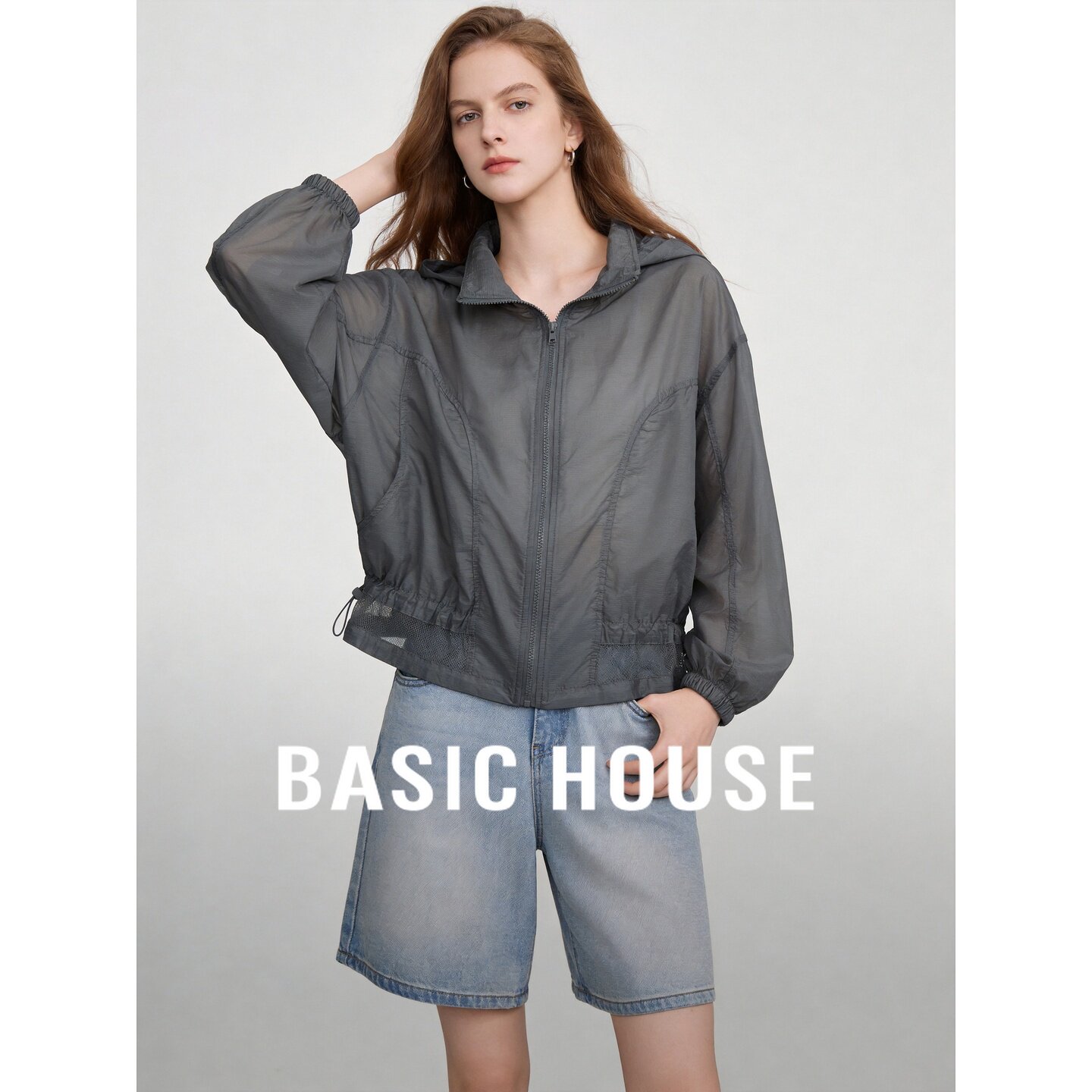 Basic House/百家好极简风连帽短外套女夏薄款防晒服灰色拉链上衣