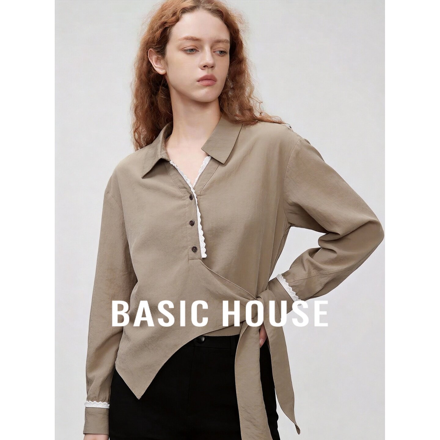 Basic House/百家好亚麻莱赛尔衬衫女长袖翻领系带不规则下摆韩版