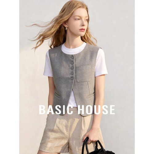 Basic House/百家好无袖马甲女秋季新款灰色纽扣设计感百搭上衣