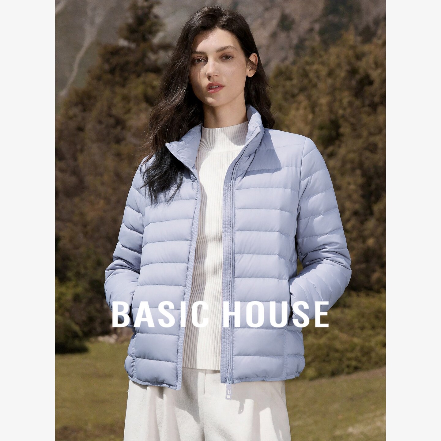 Basic House/百家好轻薄立领绗缝棉服女修身短款百搭保暖棉衣外套