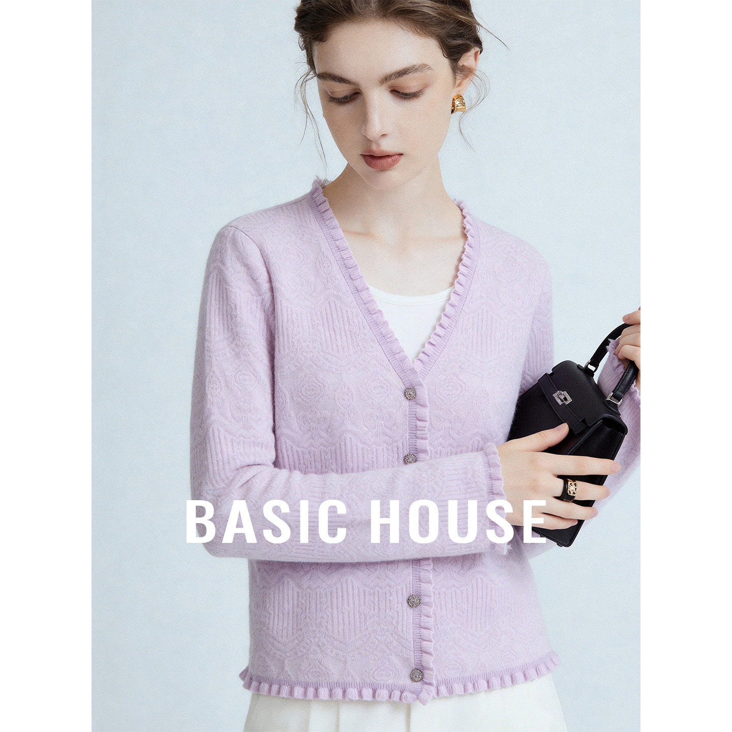 Basic House/百家好磨毛边假两件撞色针织开衫女春款拼接花边毛衫