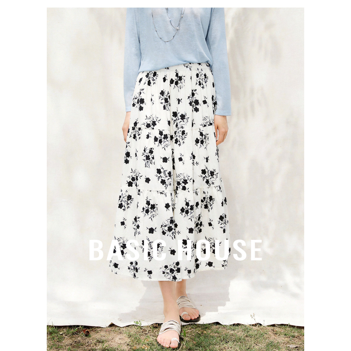 Basic House/百家好松紧腰A字中长款半身裙女夏季复古撞色碎花裙