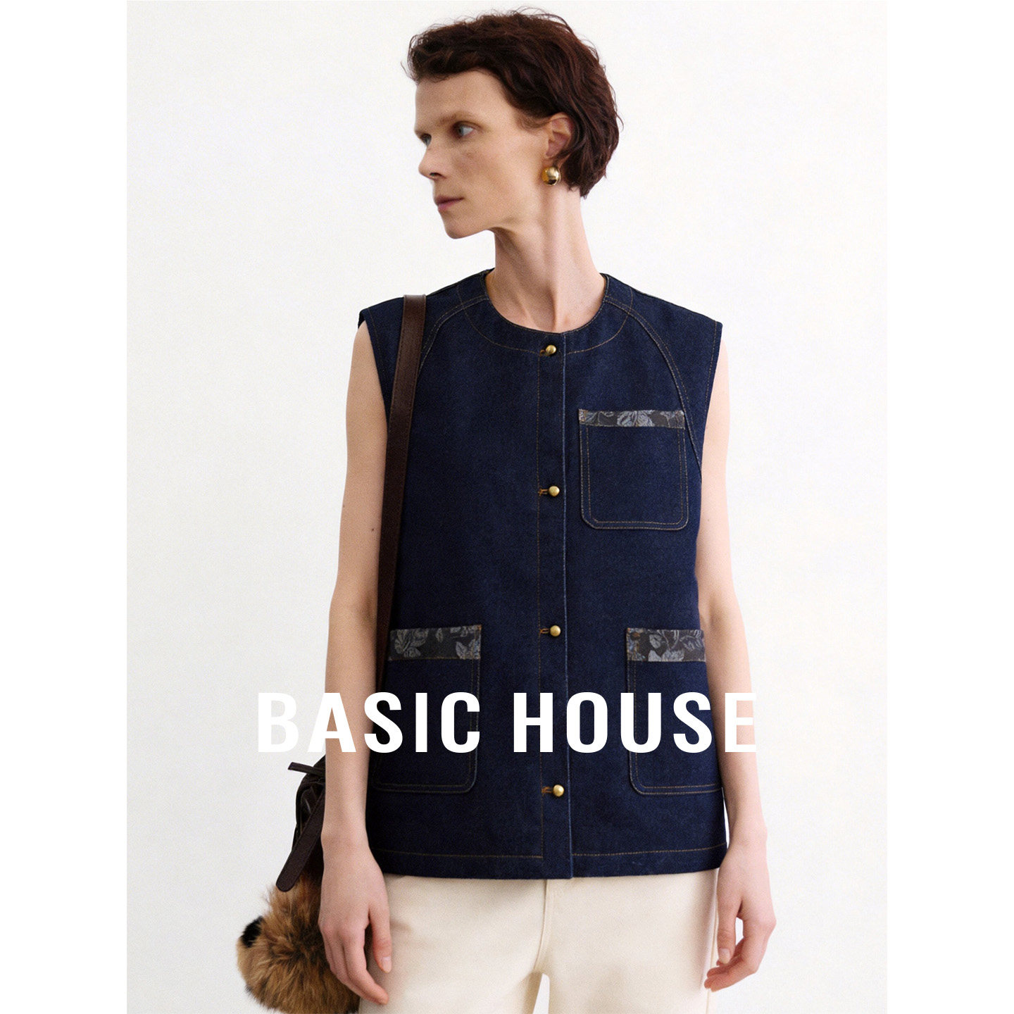 Basic House/百家好复古碎花拼接牛仔马甲秋季宽松无袖叠穿背心女