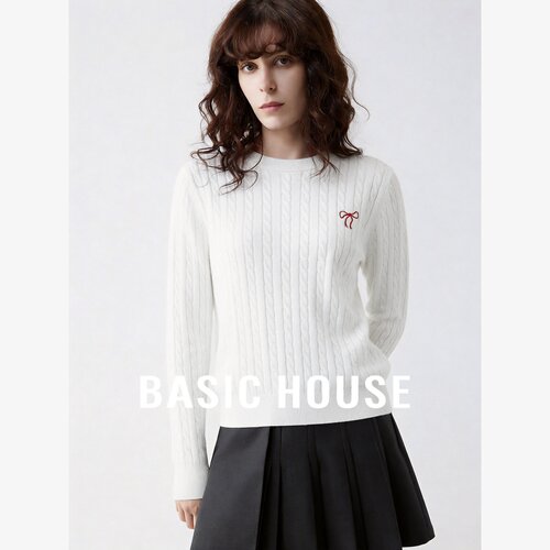 Basic House/百家好圆领绞花针织衫女装长袖修身套头毛衣百搭显瘦