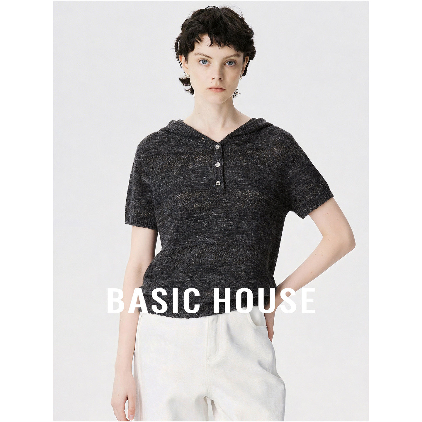 Basic House/百家好2026黑色连帽短袖针织衫女夏季舒适透气上衣