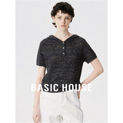 Basic House/百家好2026黑色连帽短袖针织衫女夏季舒适透气上衣