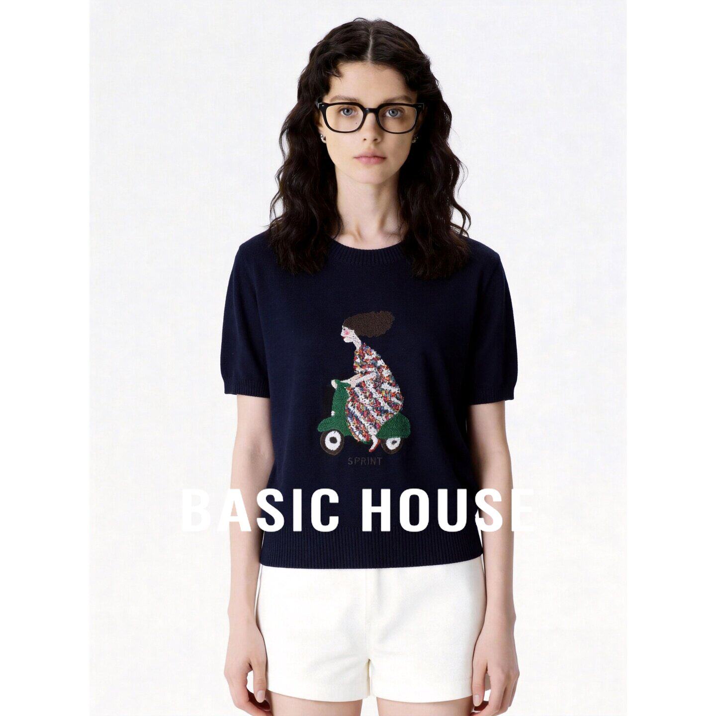 Basic House/百家好刺绣圆领短袖针织衫女夏季薄款上衣小个子百搭