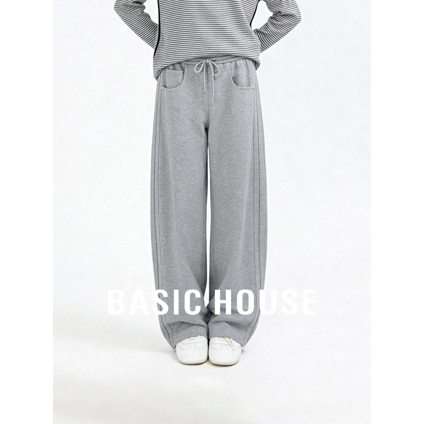 Basic House/百家好灰色松紧腰抽绳休闲裤秋季百搭运动阔腿长裤子