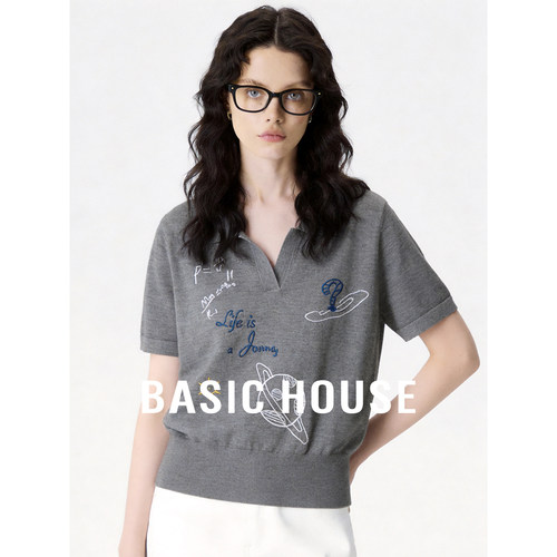 Basic House/百家好灰色翻领小众刺绣设计针织衫女夏百搭短款上衣