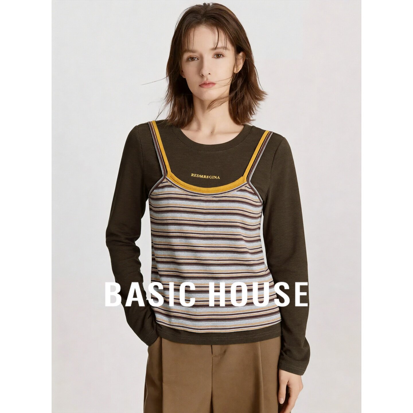 Basic House/百家好百家好桔色条纹拼接圆领假两件长袖休闲T恤女