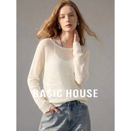 Basic House/百家好法式慵懒风微透圆领针织衫女长袖宽松百搭罩衫