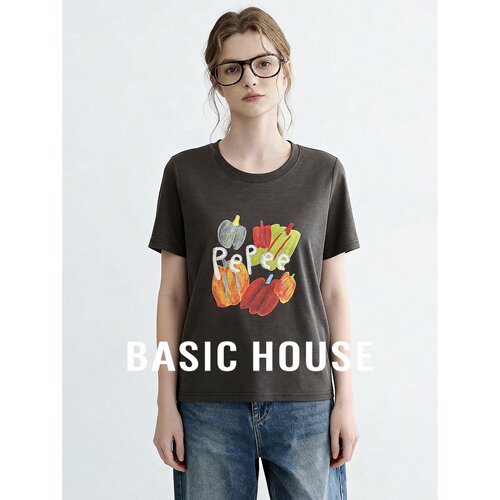 Basic House/百家好灰色印花短袖T恤女2026夏季棉质宽松休闲上衣