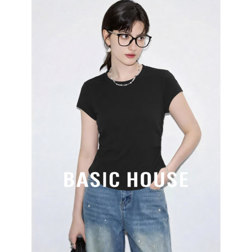 Basic House/百家好黑色修身显瘦短袖T恤女2026夏莱赛尔短款上衣