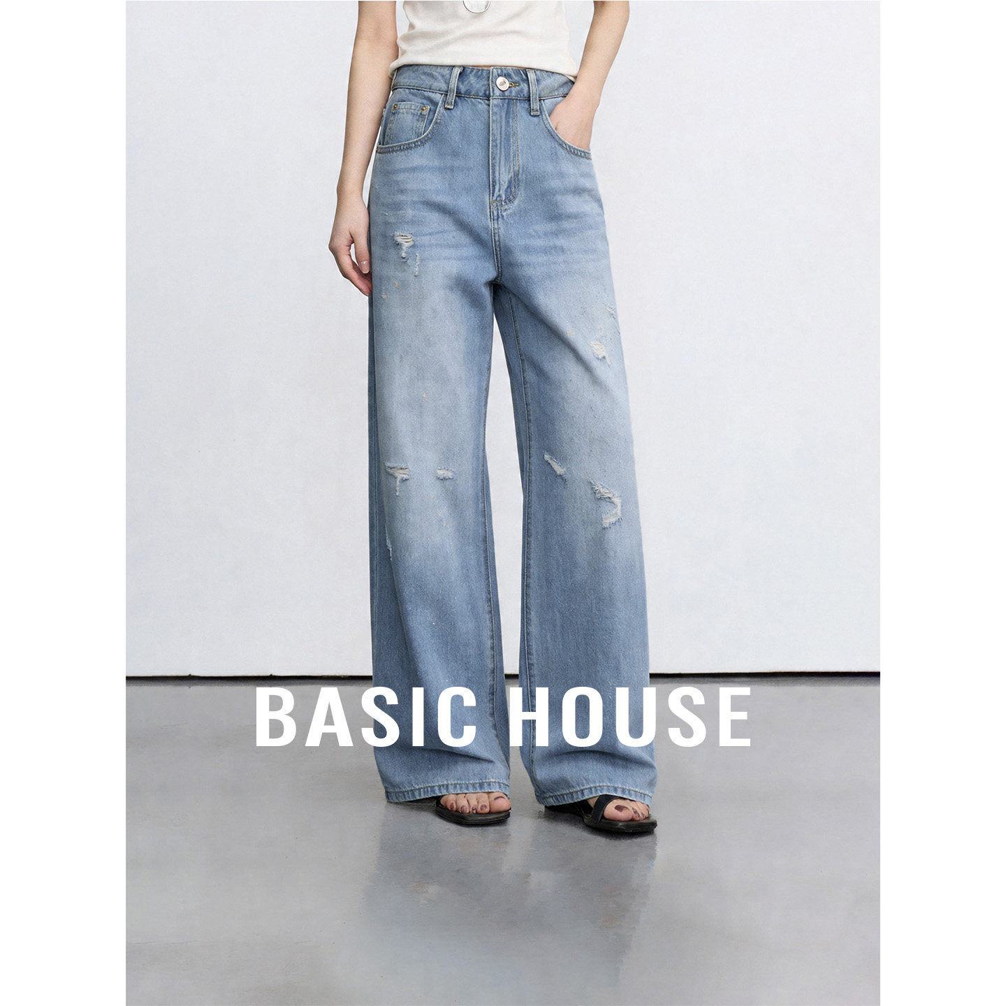 Basic House/百家好牛仔蓝高腰破洞设计感直筒裤女夏亮片直筒裤