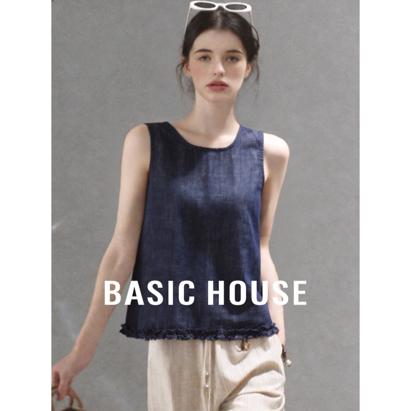 Basic House/百家好韩系花边无袖背心女夏深蓝色百搭通勤精致上衣