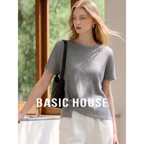Basic House/百家好老钱风圆领短袖针织衫女夏气质显瘦百搭上衣