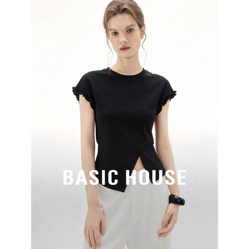 Basic House/百家好纯棉黑色小飞袖T恤女夏季短款上衣小个子薄款