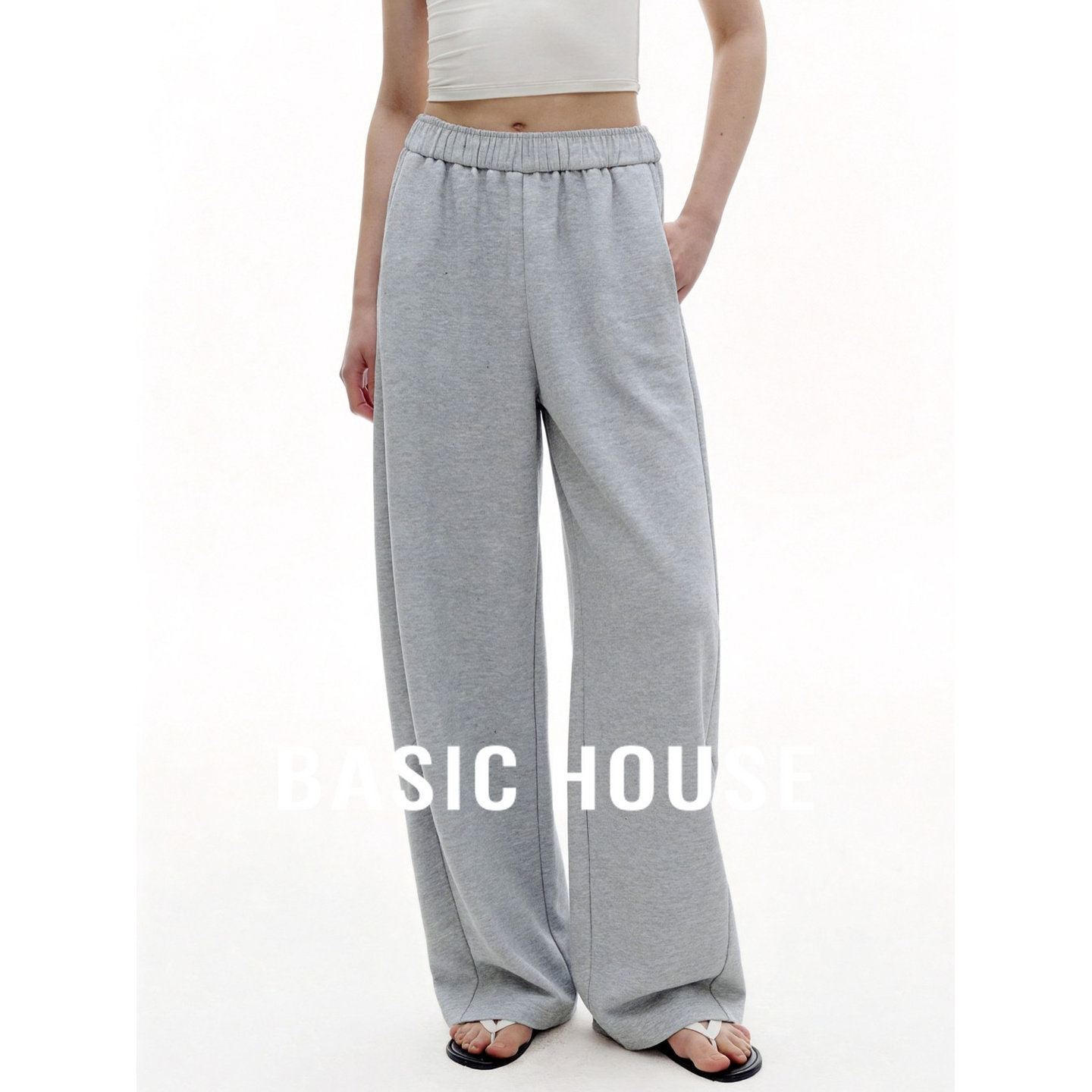 Basic House/百家好亮片阔腿灰色卫裤女夏美式高腰宽松直筒休闲裤
