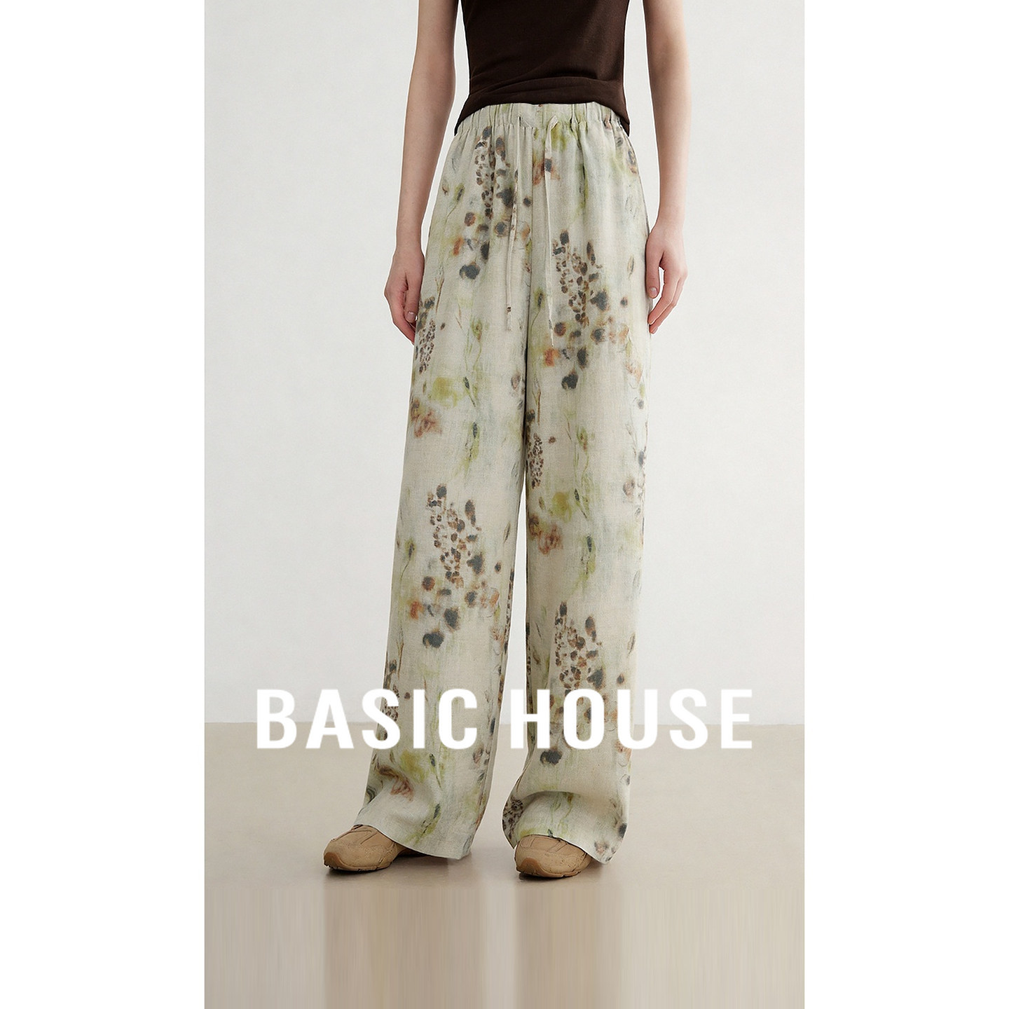 Basic House/百家好卡其色复古印花亚麻阔腿裤女显瘦慵懒垂感裤子