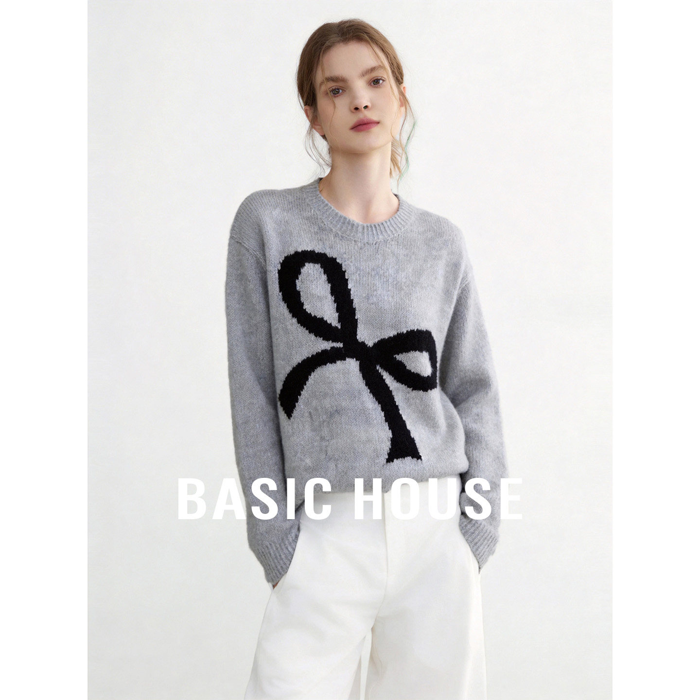 Basic House/百家好撞色蝴蝶结提花圆领针织衫慵懒风宽松显瘦上衣