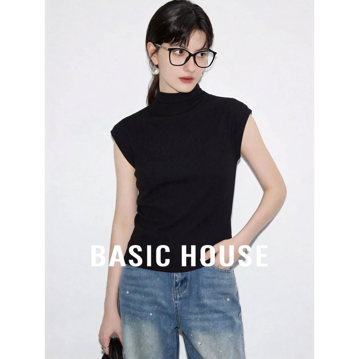 Basic House/百家好桑蚕丝黑色高领短袖T恤女夏新款修身针织上衣