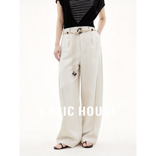 Basic House/百家好高腰阔腿裤亚麻莱赛尔宽松系带设计极简米白色