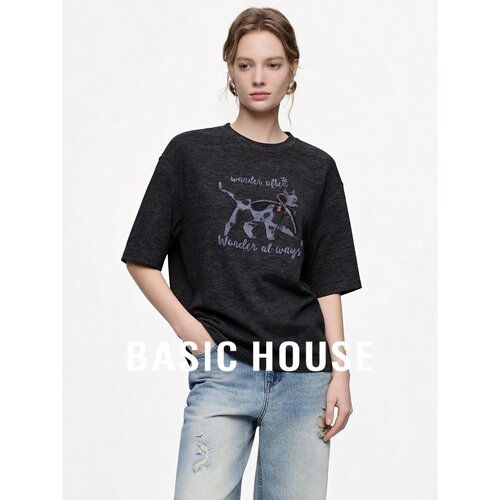 Basic House/百家好美式圆领短袖T恤女黑色印花设计感百搭上衣