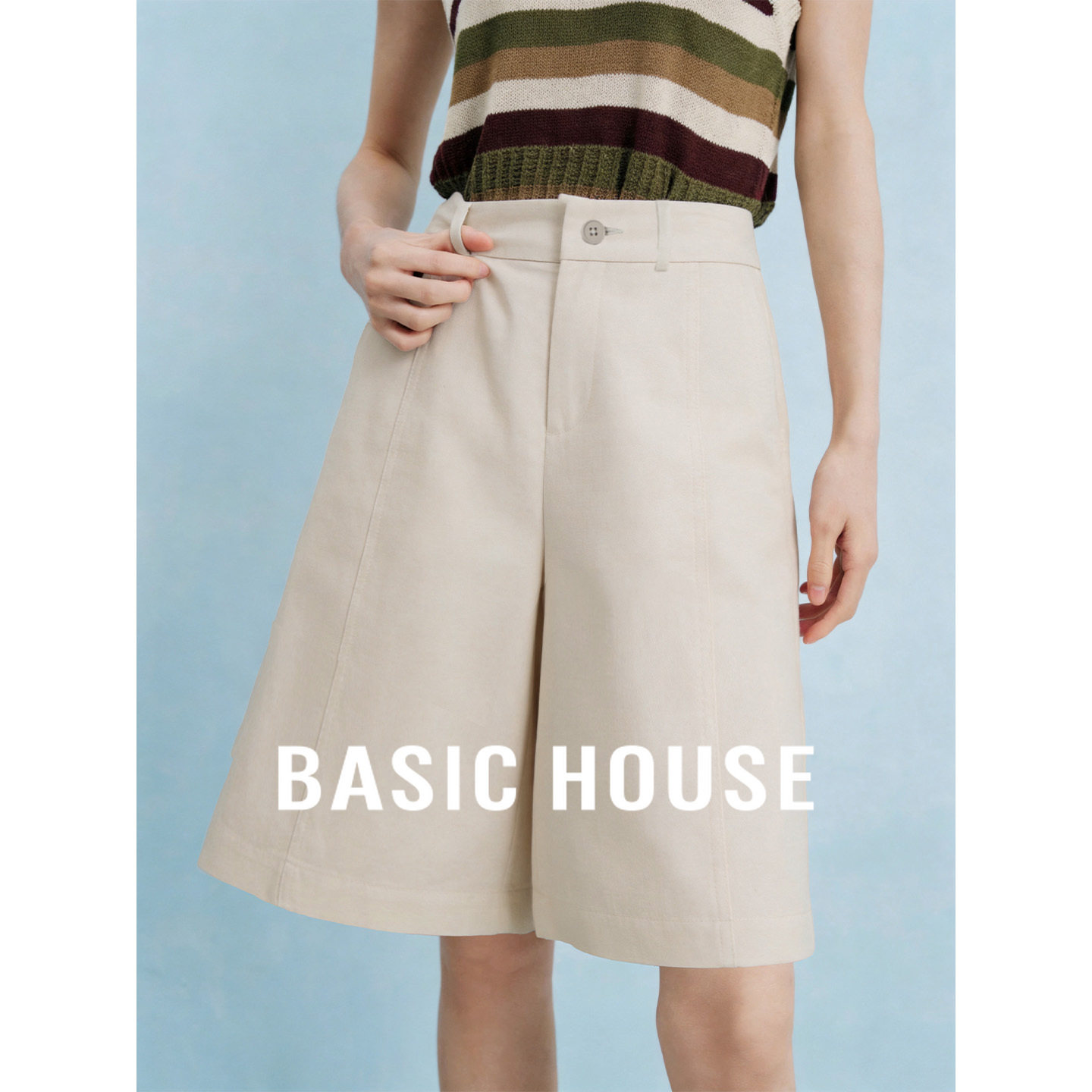 Basic House/百家好象牙白色莱赛尔亚麻休闲裤时尚百搭条纹短裤女