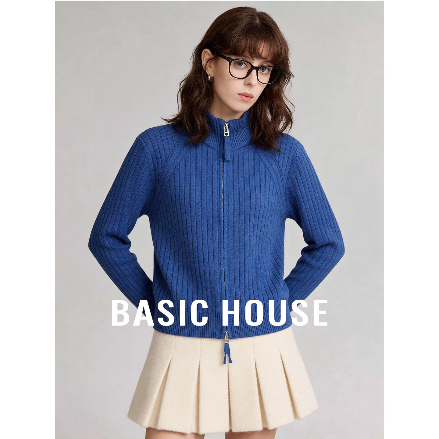 Basic House/百家好蓝色半高领拉链羊毛衫女春季新款百搭简约上衣