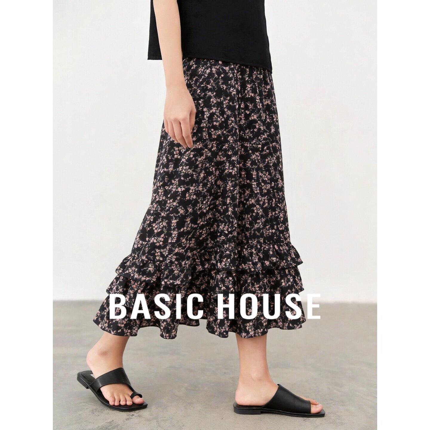 Basic House/百家好复古碎花半身裙女高腰荷叶边层次感显瘦中长裙