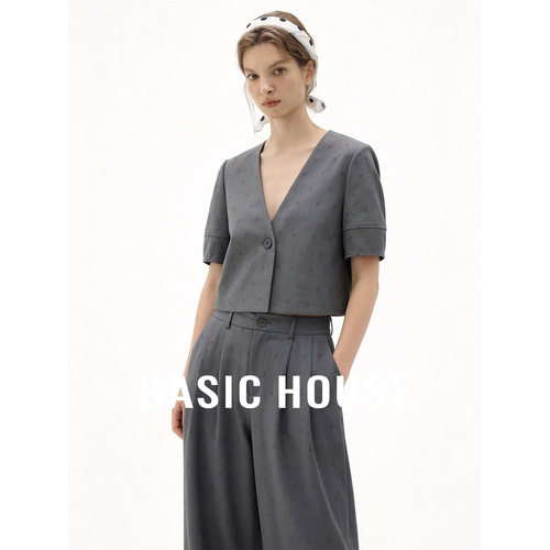 Basic House/百家好休闲套装夏季V领短袖西服高腰垂感长裤两件套