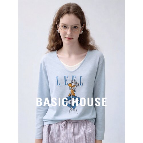 Basic House/百家好蓝色印花针织衫女长袖V领宽松百搭设计感上衣