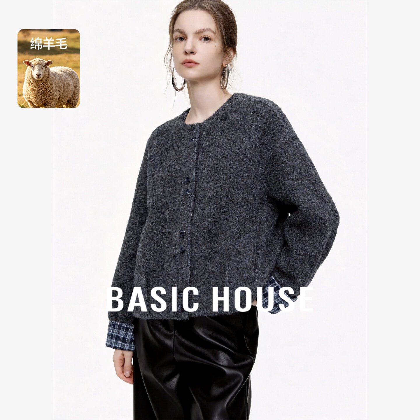 Basic House/百家好韩系圆领短款显瘦羽绒服女拼接高级感毛毛外套