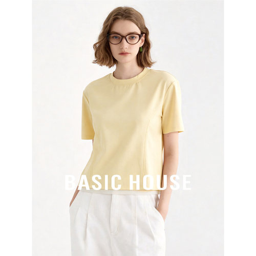 Basic House/百家好纯色圆领镂空短袖T恤女2026新款宽松显瘦上衣