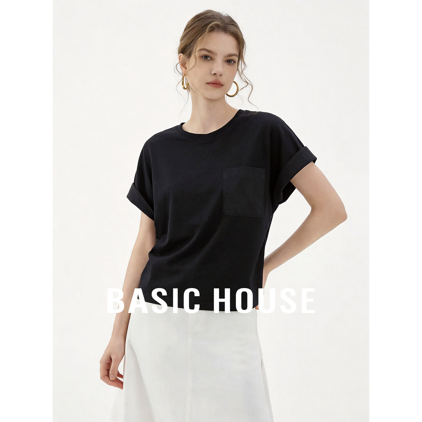 Basic House/百家好圆领宽松短袖T恤夏季新款简约风纯色短款上衣