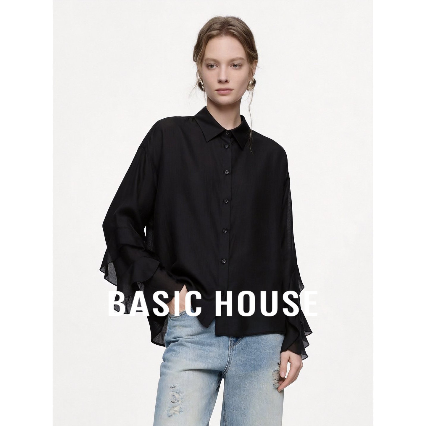 Basic House/百家好法式黑色长袖衬衫女宽松百搭显瘦气质通勤上衣