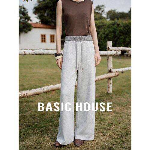 Basic House/百家好高腰阔腿裤女宽松直筒抽绳休闲裤极简韩版浅灰