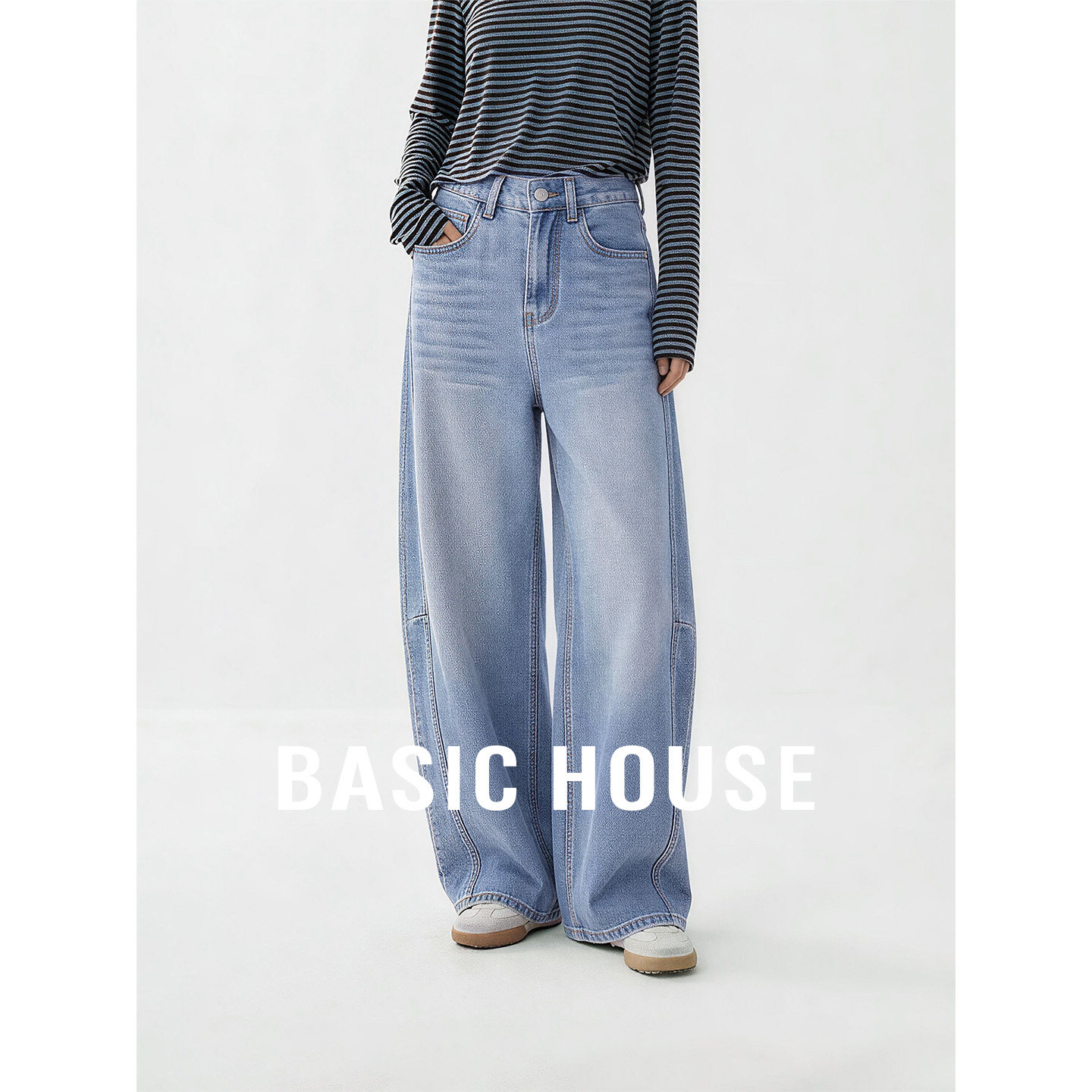 Basic House/百家好高腰阔腿牛仔裤女夏季2026新款宽松显瘦弯刀裤