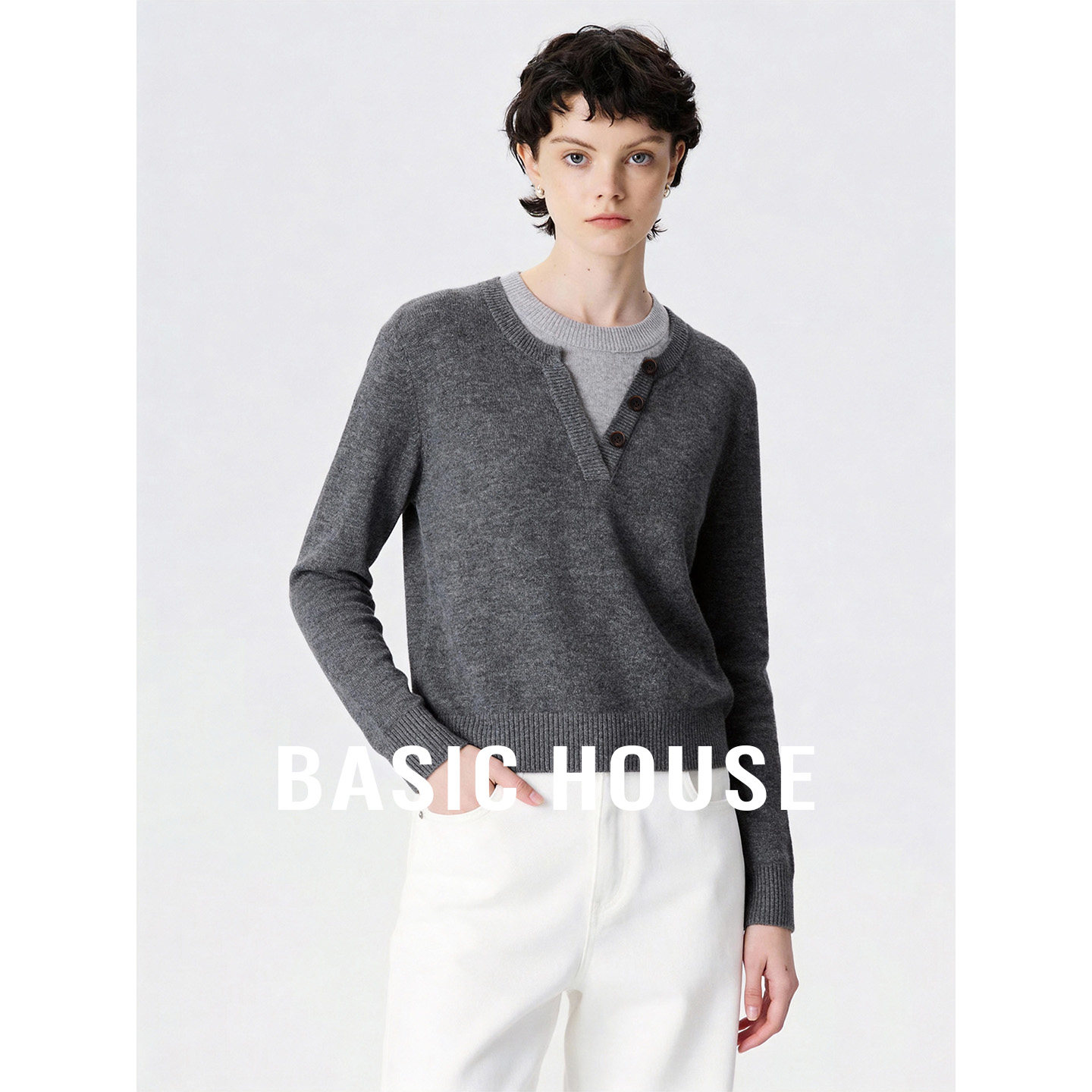 Basic House/百家好撞色假两件V领毛衣女秋宽松慵懒风针织衫上衣
