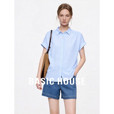 Basic House/百家好轻氧翻领短袖衬衫女夏季水蓝格宽松通勤上衣