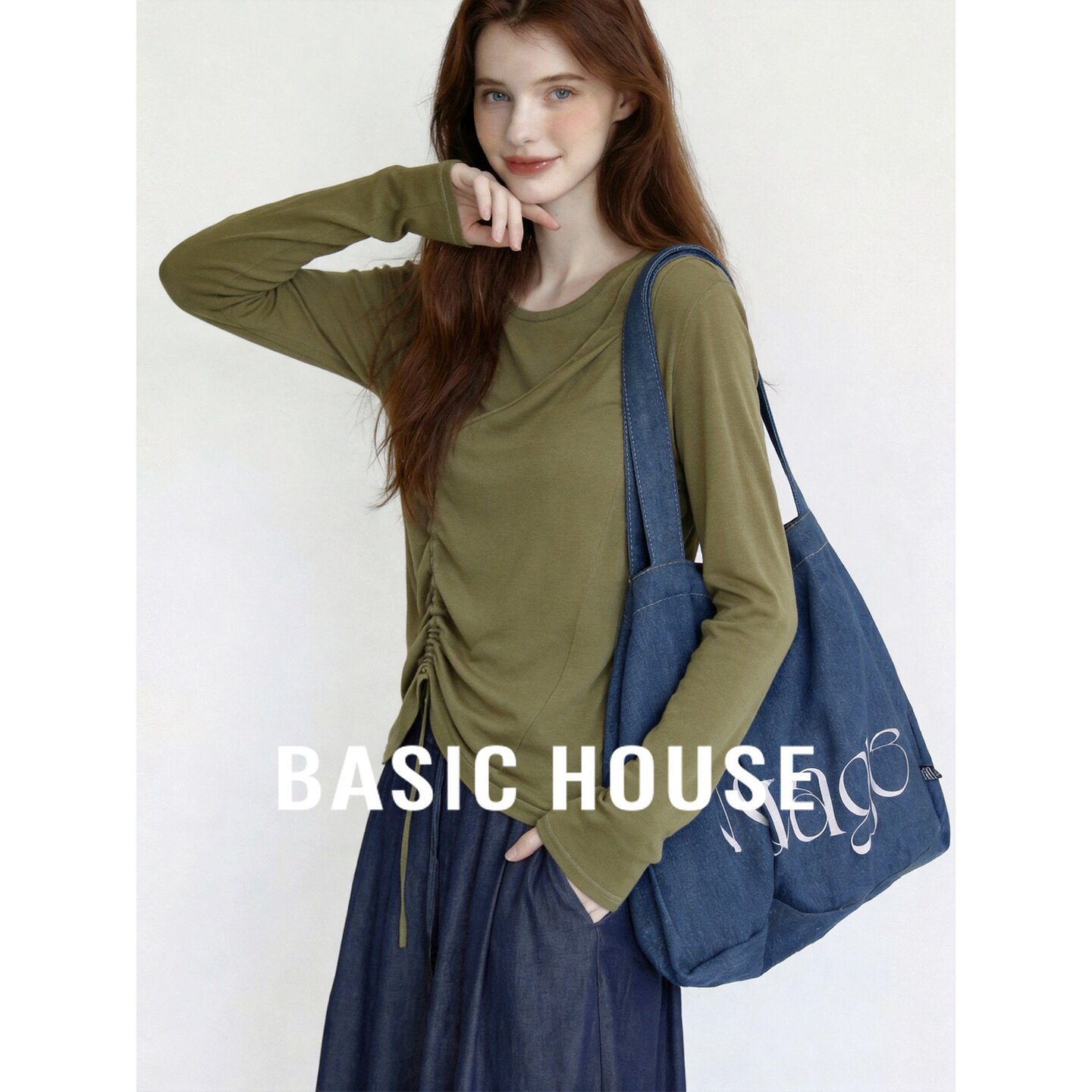 Basic House/百家好莱赛尔圆领长袖T恤女轻薄宽松内搭上衣针织衫