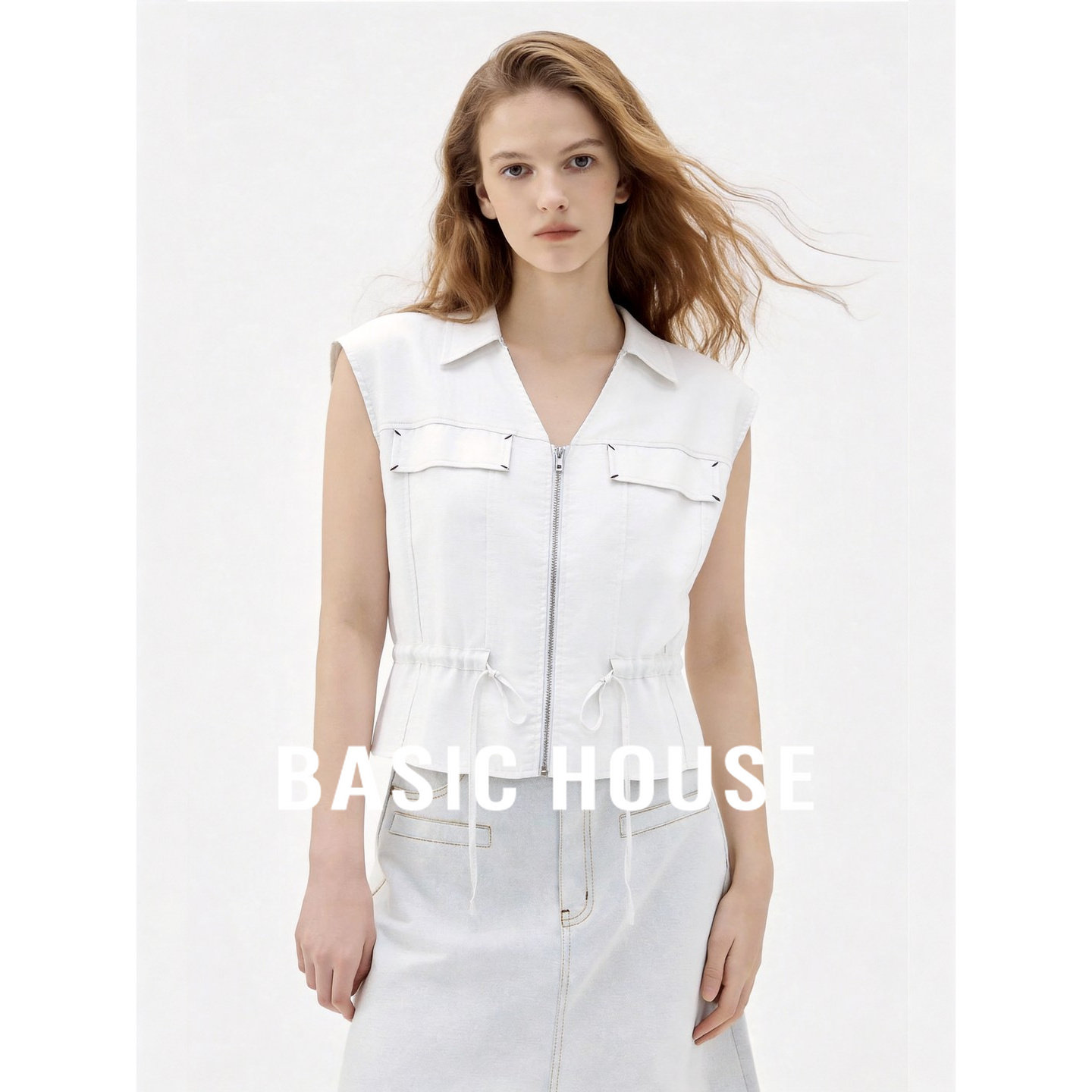 Basic House/百家好白色无袖衬衫女收腰拉链系带显瘦时尚小众上衣