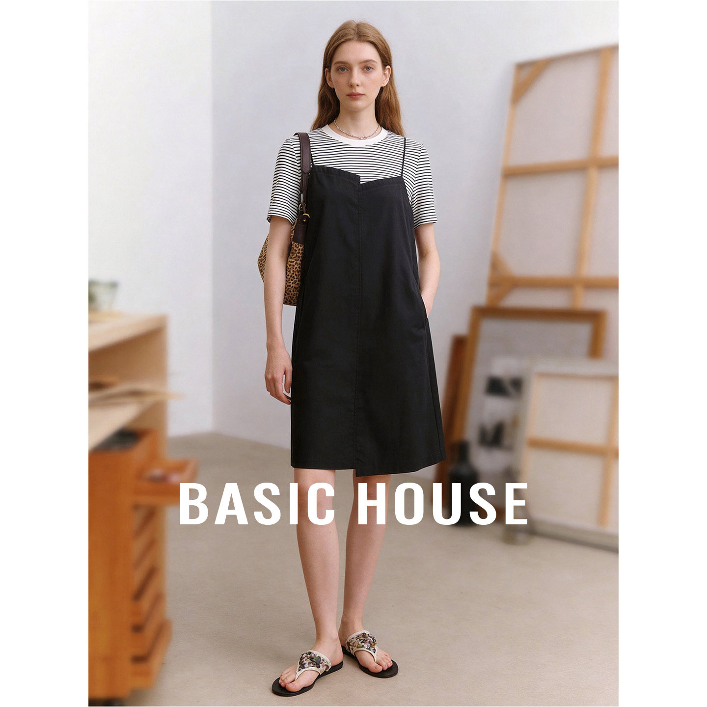 Basic House/百家好圆领撞色条纹连衣裙女夏季新款假两件中长裙