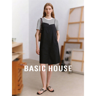 新款 百家好圆领撞色条纹连衣裙女夏季 假两件中长裙 House Basic