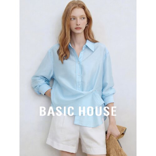 Basic House/百家好法式设计感蓝色衬衫女长袖收腰轻熟心机上衣