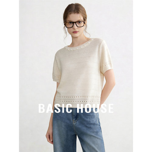 Basic House/百家好莱赛尔桑蚕丝镂空圆领设计感短袖针织衫上衣女