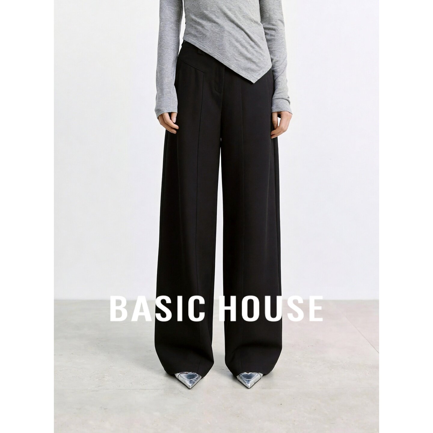 Basic House/百家好极简风高腰阔腿裤女黑色垂感显瘦百搭休闲长裤