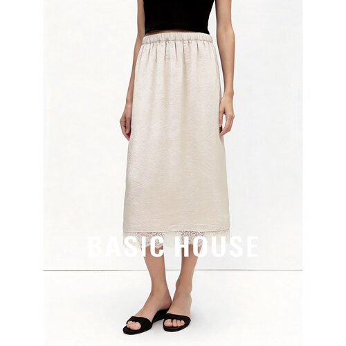 Basic House/百家好半身裙女夏季A字中长裙米白色抽绳简约气质裙