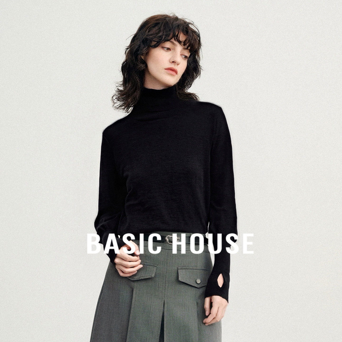 Basic House/百家好时尚简约纯色高领针织毛衣柔软百搭打底衫上衣