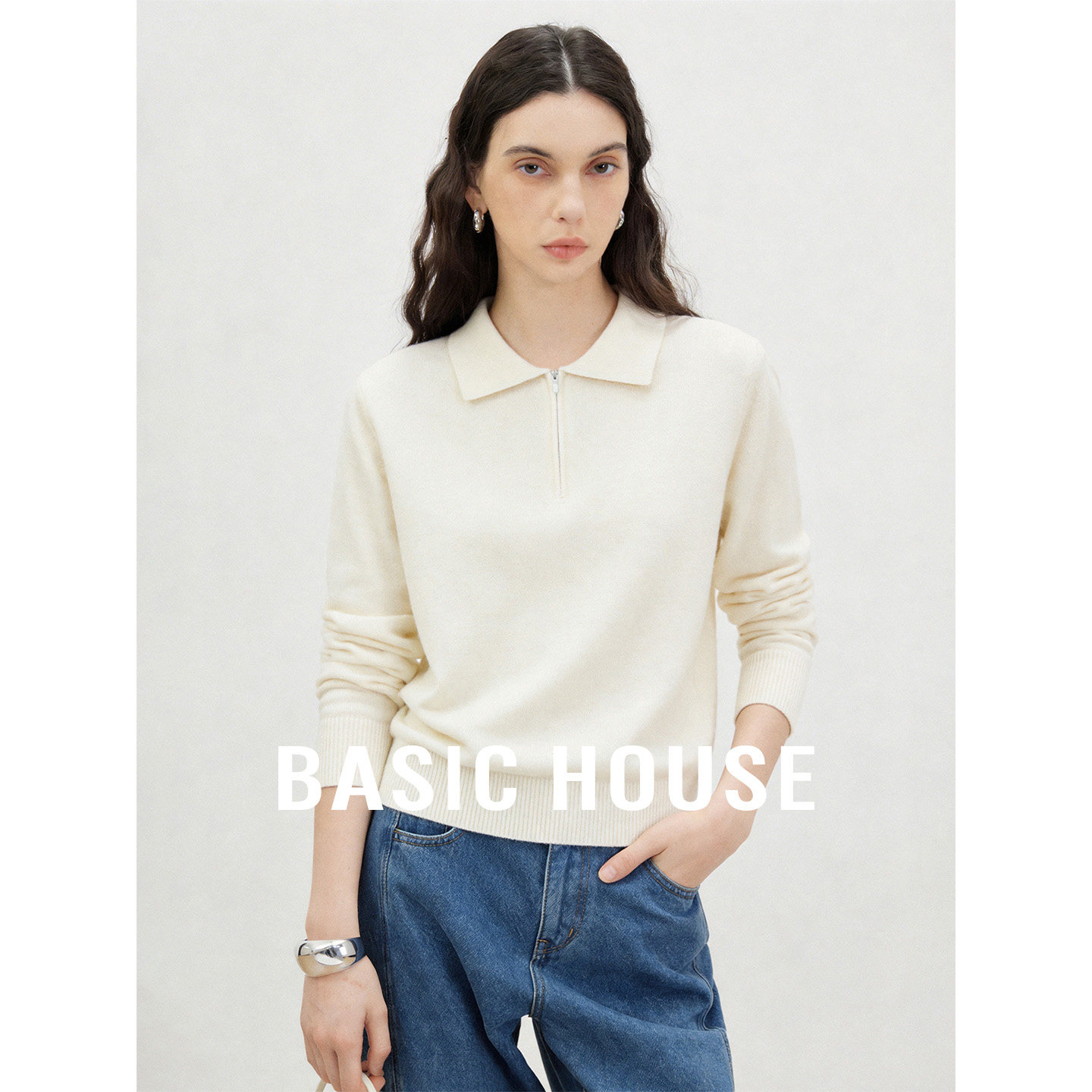 Basic House/百家好白色polo领半拉链针织衫女春夏新款简约上衣